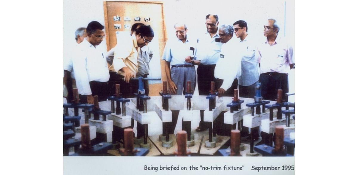 A glimpse of Dhawan while he was being briefed on 'no-trim fixture' in September 1995.