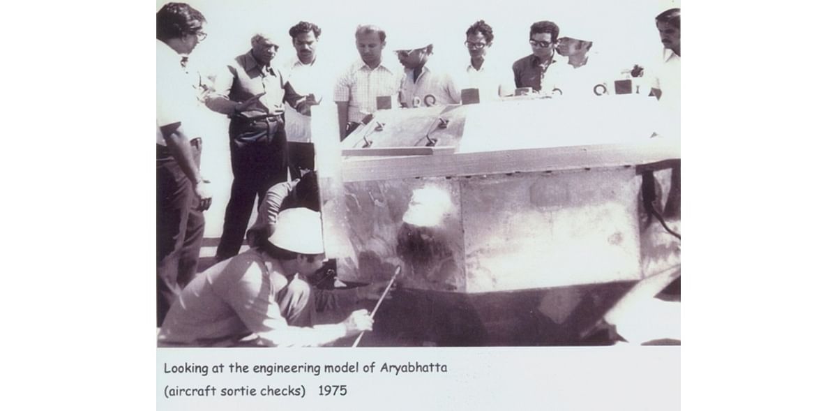 Satish Dhawan looking at the engineering model of Aryabhatta (aircraft sortie checks) in 1975.