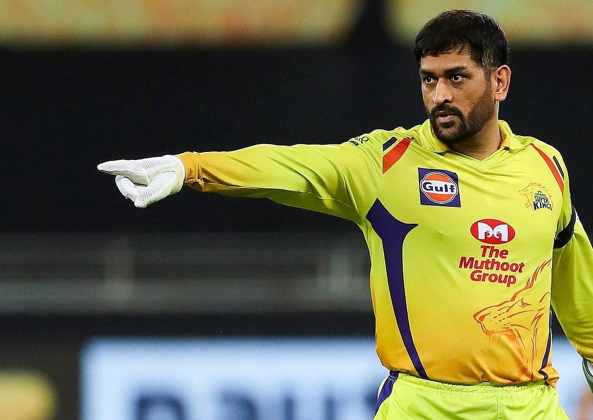 CSK skipper MS Dhoni gestures during IPL 2020 cricket match against DC. Credit: PTI Photo
