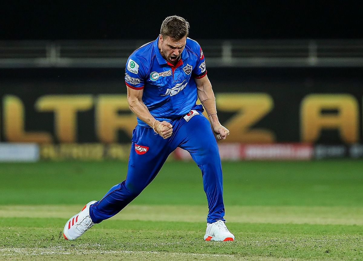 Anrich Nortje of DC celebrates the wicket of Kedar Jadhav of CSK during IPL 2020 cricket match. Credit: PTI Photo