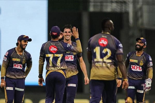 Pat Cummins of Kolkata Knight Riders celebrates the wicket of Jonny Bairstow of Sunrisers Hyderabad during their Indian Premier League 2020 cricket match. Credit: PTI Photo