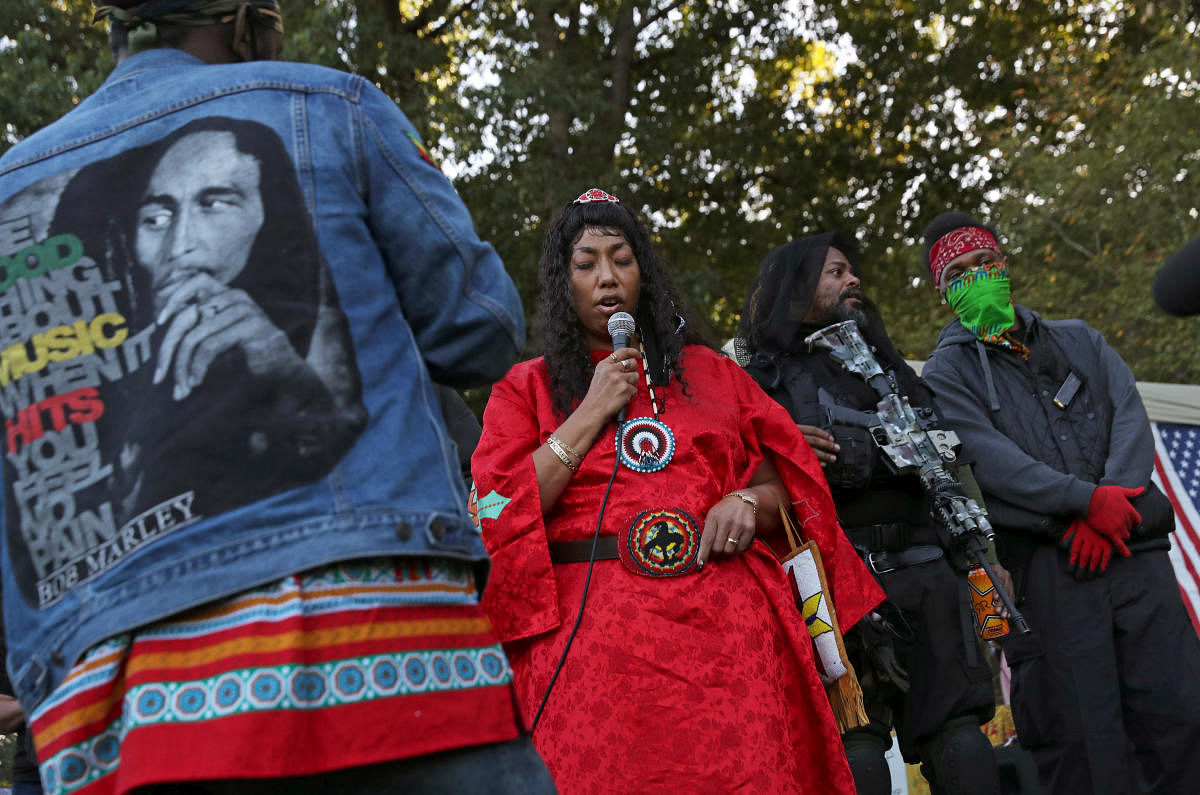Lynn James Jackson, of the Confederated Tribes & Bands of the Yakama Nation, speaks about racial inequality alongside members from other groups, during a Black Lives Matter rally in Portland, US. Credit: Reuters Photo