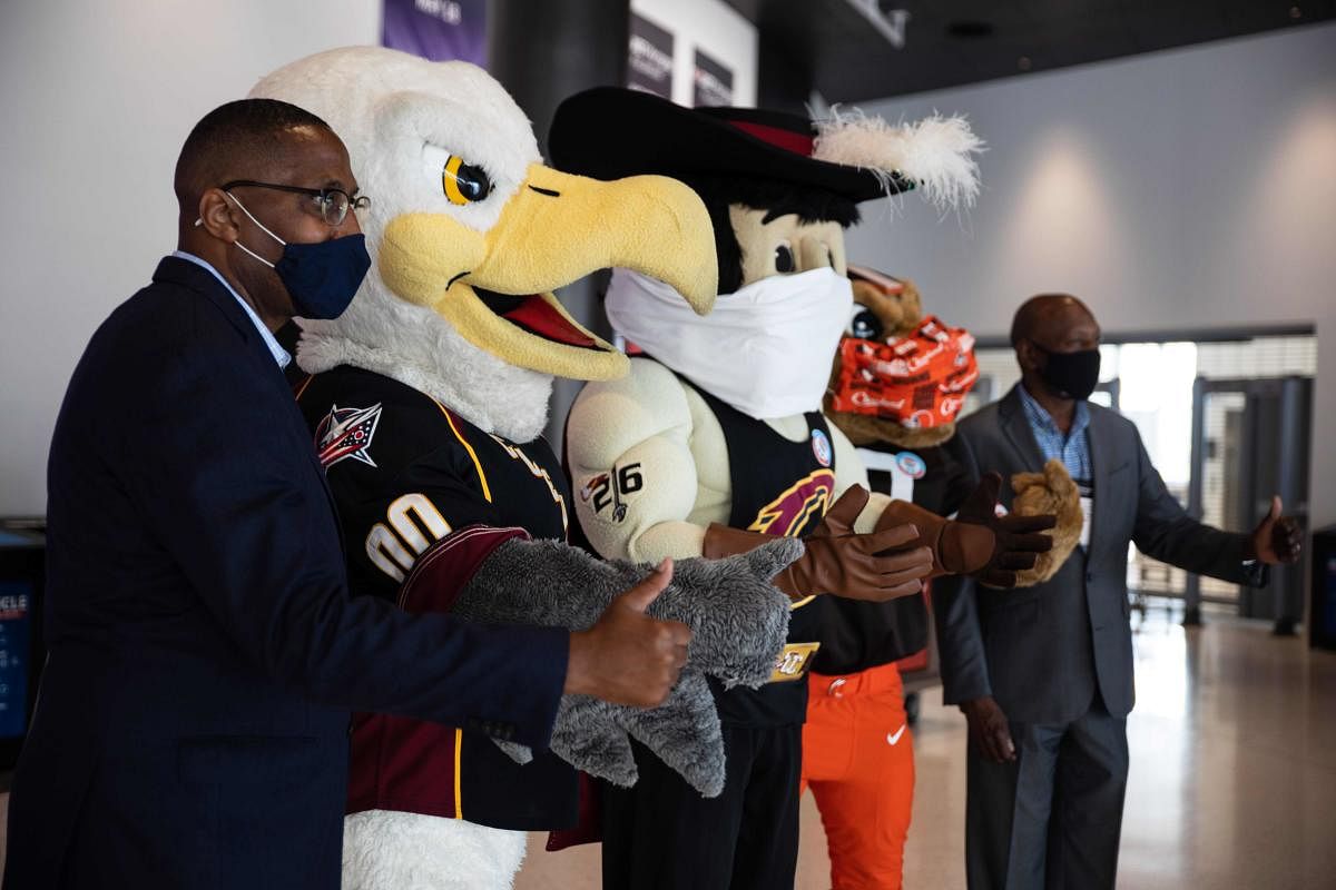 Cleveland sports mascots pose at Rocket Mortgage Fieldhouse where a voter registration event took place in Cleveland, Ohio. Cleveland sports teams the Browns of the NFL, Cavaliers of the NBA and Indians of MLB, partnered on the voter registration to encourage Ohio voters to cast their ballot on election day. The group