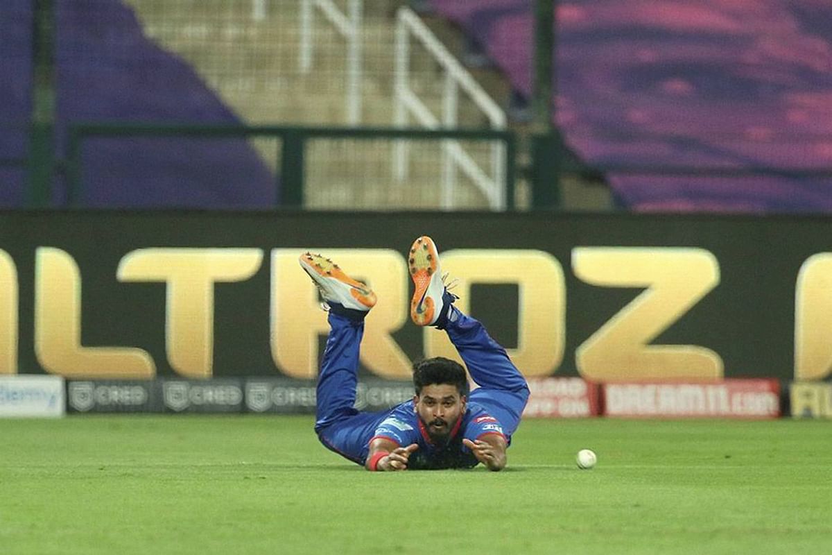 Delhi Capitals captain Shreyas Iyer dives to take a catch during the IPL 2020 cricket match against Sunrisers Hyderabad. Credit: PTI Photo
