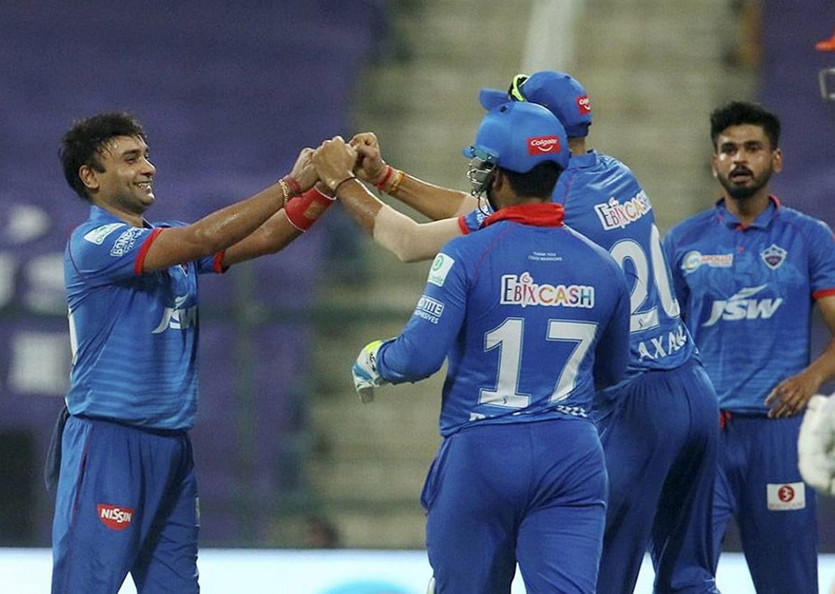 Delhi Capitals players celebrate the wicket of Sunrisers Hyderabad batsman Manish Pandey during the IPL 2020 cricket match. Credit: PTI Photo