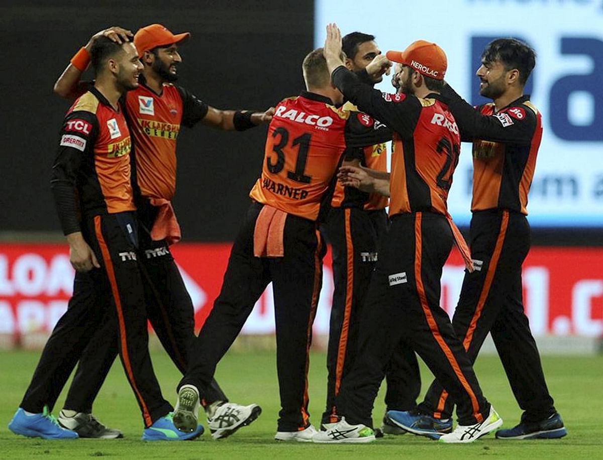 Sunrisers Hyderabad players celebrate the wicket of Delhi Capitals batsman Shreyas Iyer during the IPL 2020 cricket match. Credit: PTI Photo