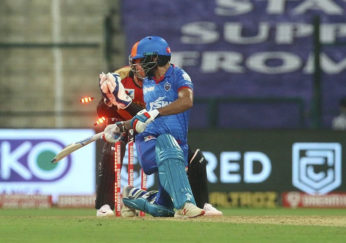 Delhi Capitals batsman Shikhar Dhawan gets stump out during the IPL 2020 cricket match against Sunrisers Hyderabad. Credit: PTI Photo