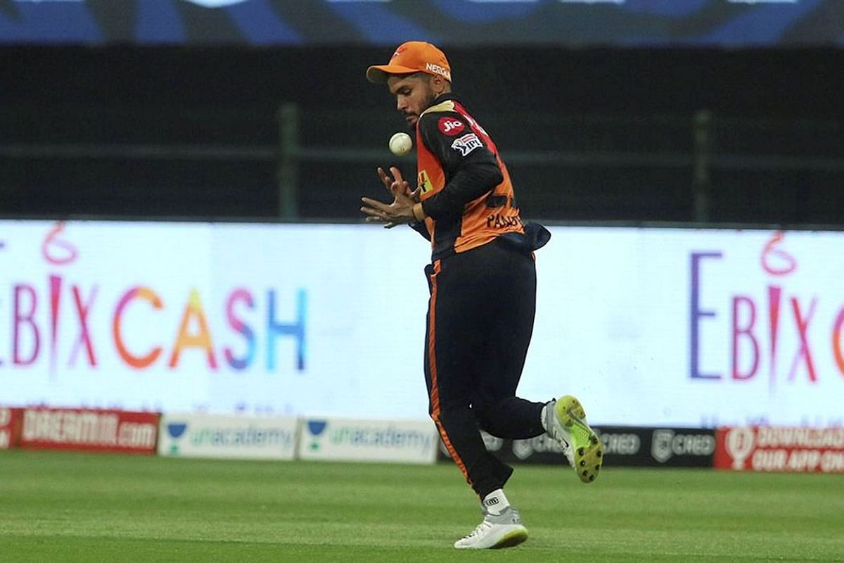 Sunrisers Hyderabad player Manish Pandey takes a catch of Delhi Capitals batsman Shimron Hetmyer during the IPL 2020 cricket match. Credit: PTI Photo
