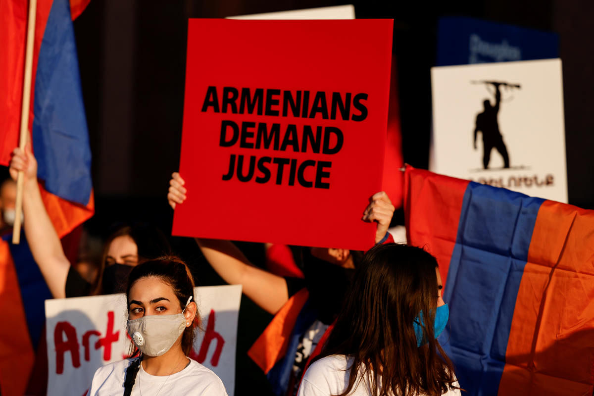 Armenian Youth Federation protest against what they call Azerbaijan's aggression against Armenia and the breakaway Nagorno-Karabakh region outside the Azerbaijani Consulate General in Los Angeles. Credit: Reuters