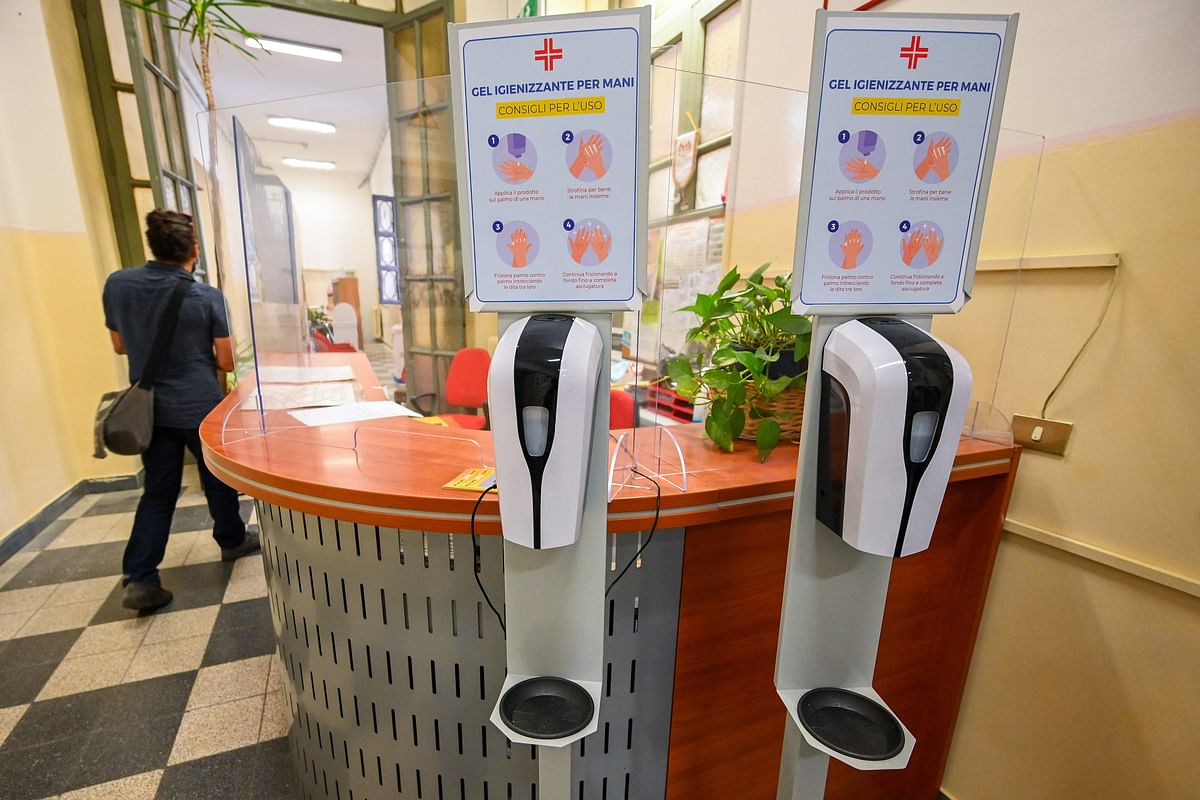 Dispensers of hand sanitizing gel. Credit: AFP Photo