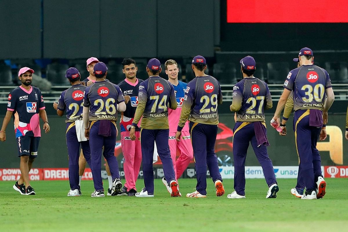 Players from the Rajasthan Royals and the Kolkata Knight Riders congratulate each other after the match. Credit: iplt20.com, BCCI