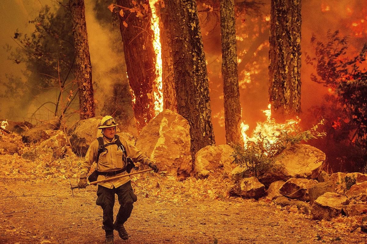 A firefighter walks a path as the Glass Fire burns along Highway 29 in Calistoga, California. Credit: AP Photo