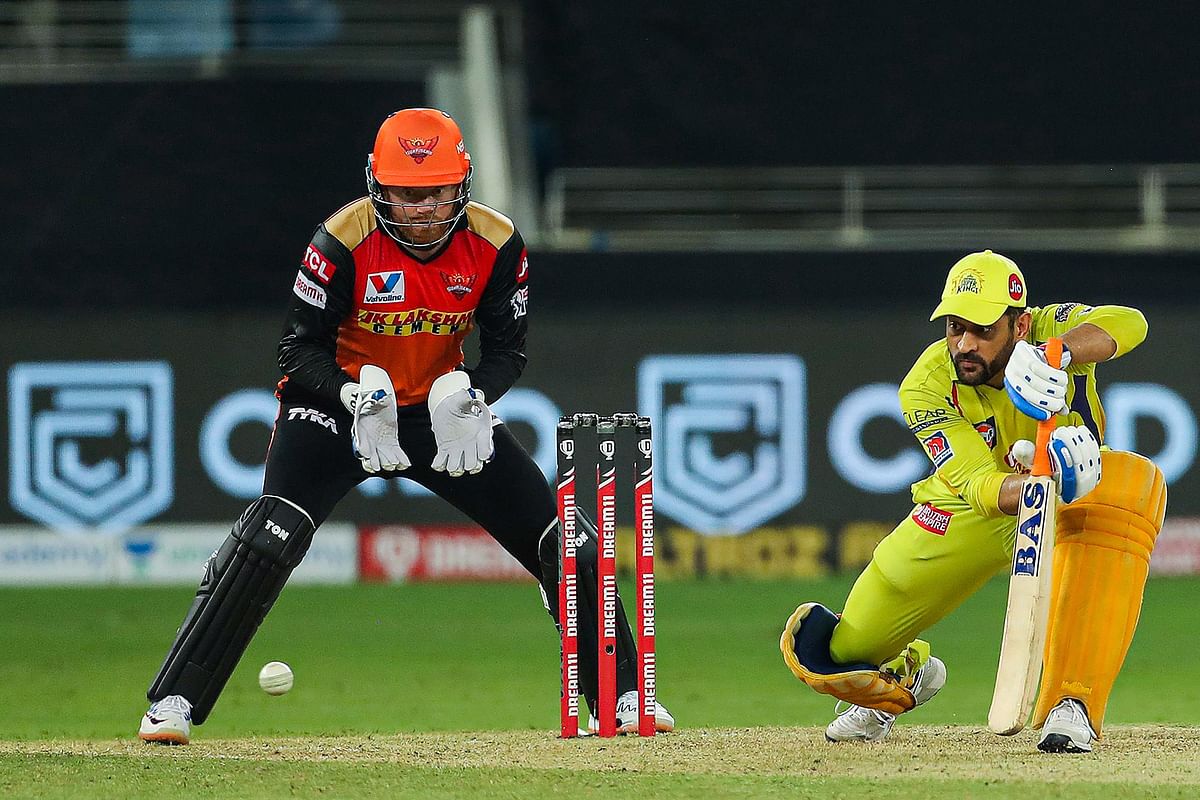 Chennai Super Kings batsman MS Dhoni plays a shot during the Indian Premier League 2020 cricket match against Sunrisers Hyderabad. Credit: PTI