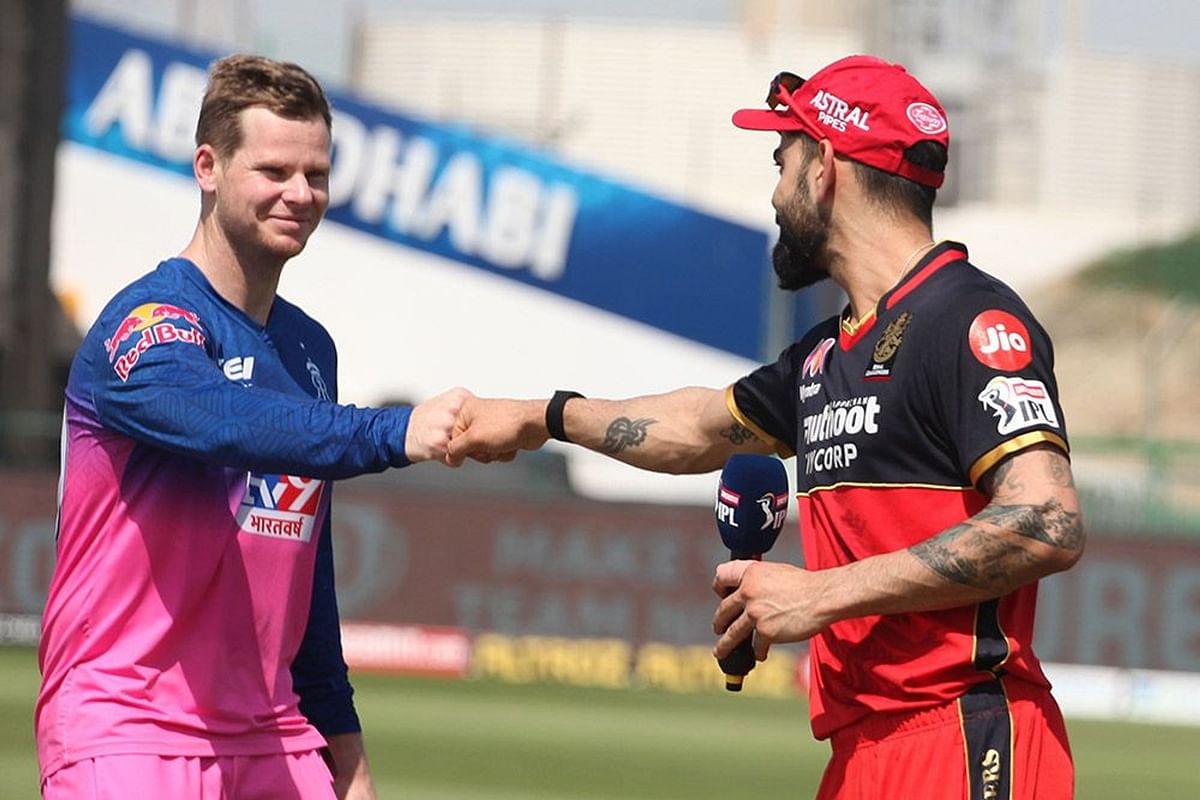 Virat Kohli captain of Royal Challengers Bangalore and Steve Smith captain of Rajasthan Royals during the toss of match 15 of season 13 of the Dream 11 Indian Premier League (IPL) between the Royal Challengers Bangalore and the Rajasthan Royals. Credit: IPL official website (www.iplt20.com)