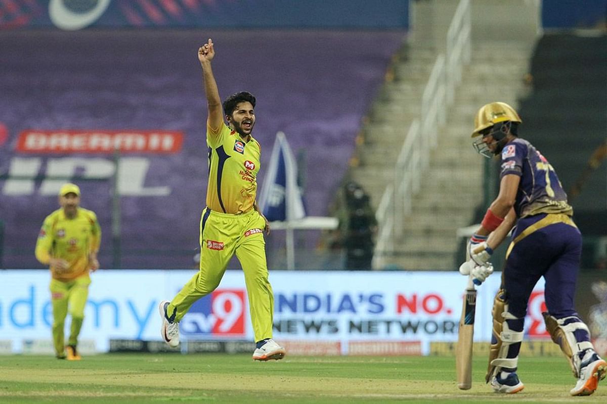 Shardul Thakur of Chennai Super Kings celebrates the wicket of Shubman Gill of Kolkata Knight Riders during match 21 of season 13 of the Dream 11 Indian Premier League (IPL) at the Sheikh Zayed Stadium, Abu Dhabi in the United Arab Emirates on October 7, 2020. Credit: ipl20.com