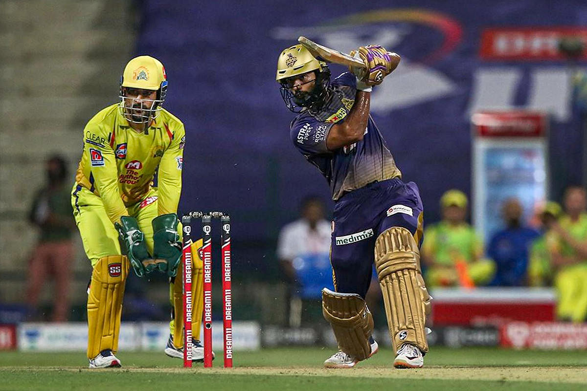 Rahul Tripathi of Kolkata Knight Riders plays a shot. Credit: PTI