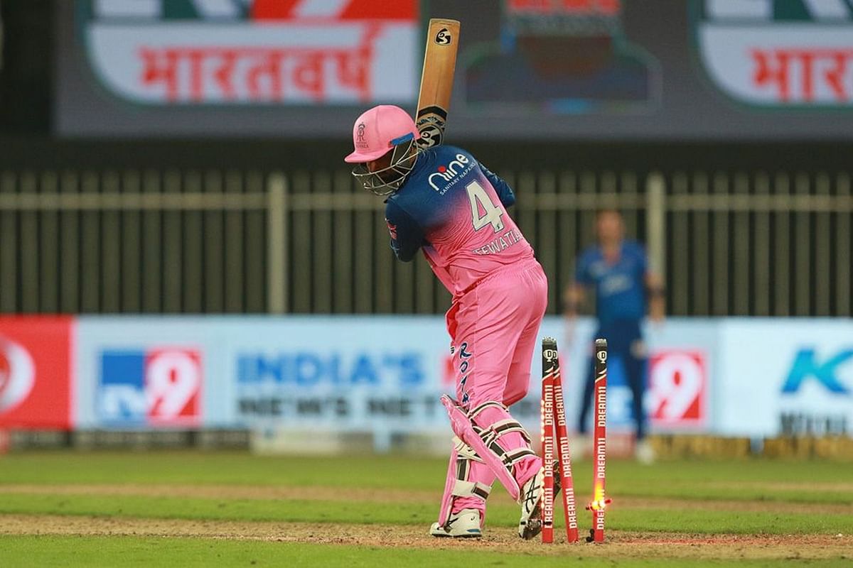 Rahul Tewatia of Rajasthan Royals is bowled out at 38. Credit: iplt20.com/BCCI