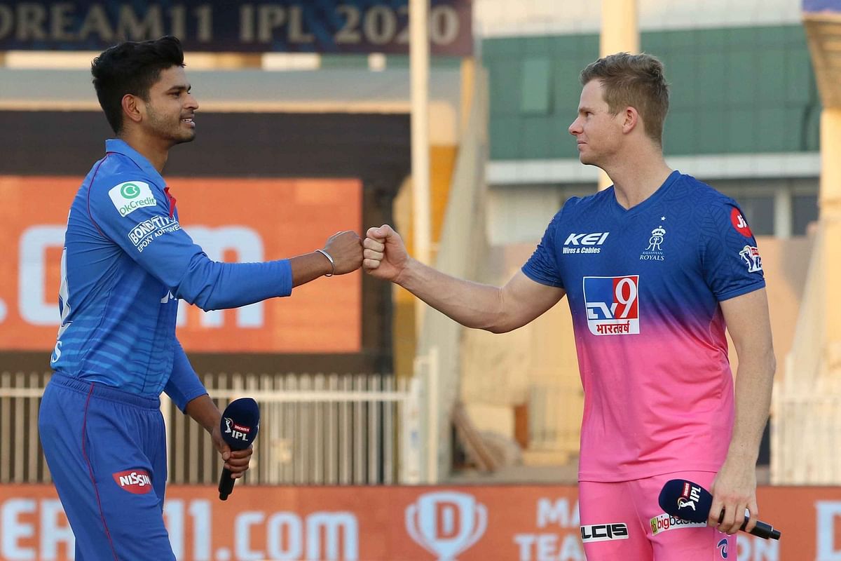 Shreyas Iyer captain of Delhi Capitals and Steve Smith captain of Rajasthan Royals during the Toss before match 23 of season 13 of the Dream 11 Indian Premier League (IPL) between the Rajasthan Royals and the Delhi Capitals held at the Sharjah Cricket Stadium, Sharjah in the United Arab Emirates on the 9th October 2020. Credit: iplt20.com/BCCI