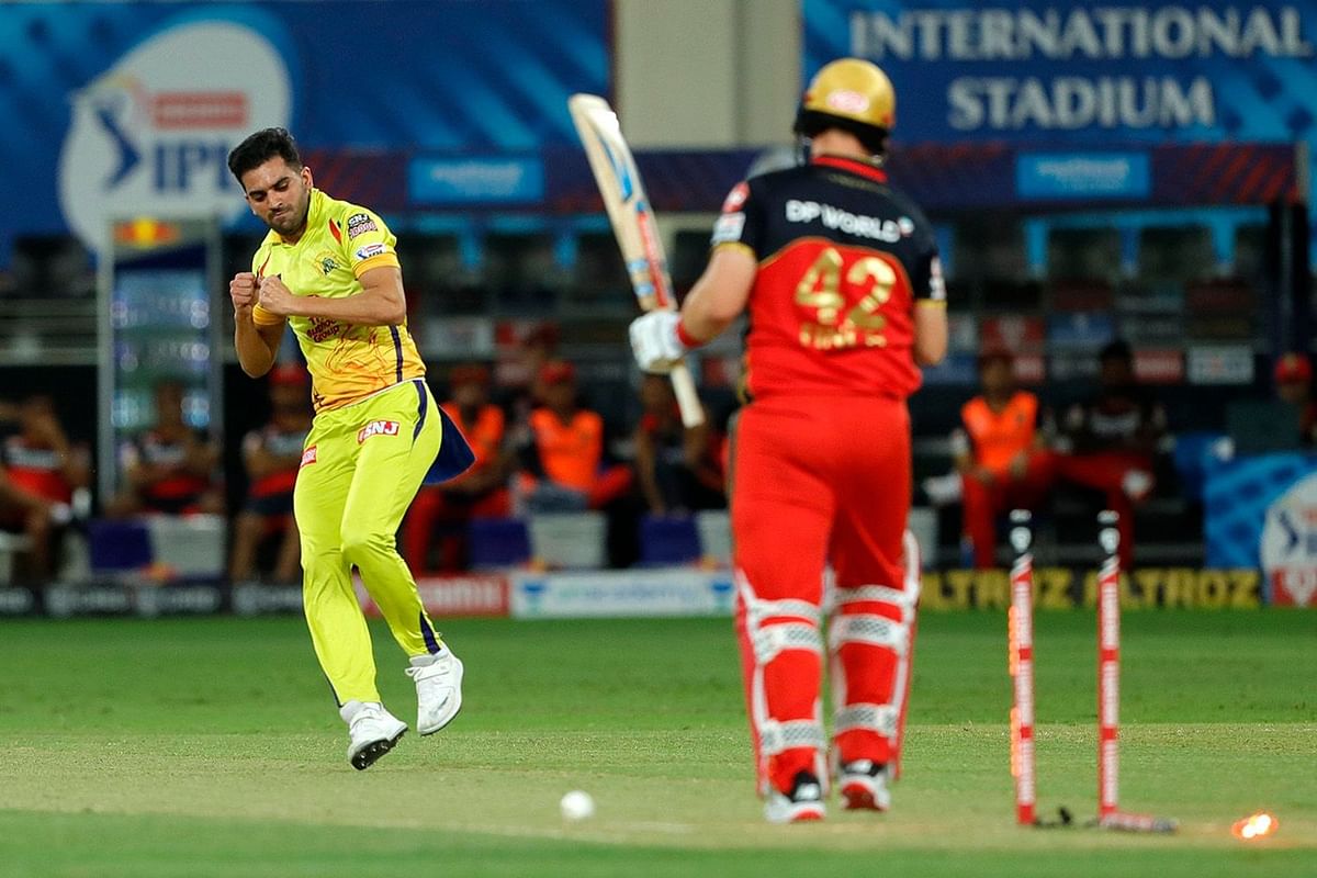 Deepak Chahar of Chennai Super Kings celebrates the wicket of Aaron Finch of Royal Challengers Bangalore during match 25 of season 13 of the Dream 11 Indian Premier League (IPL) between the Chennai Super Kings and the Royal Challengers Bangalore held at the Dubai International Cricket Stadium, Dubai in the United Arab Emirates on the 10th October 2020. Credit: iplt20.com/BCCI