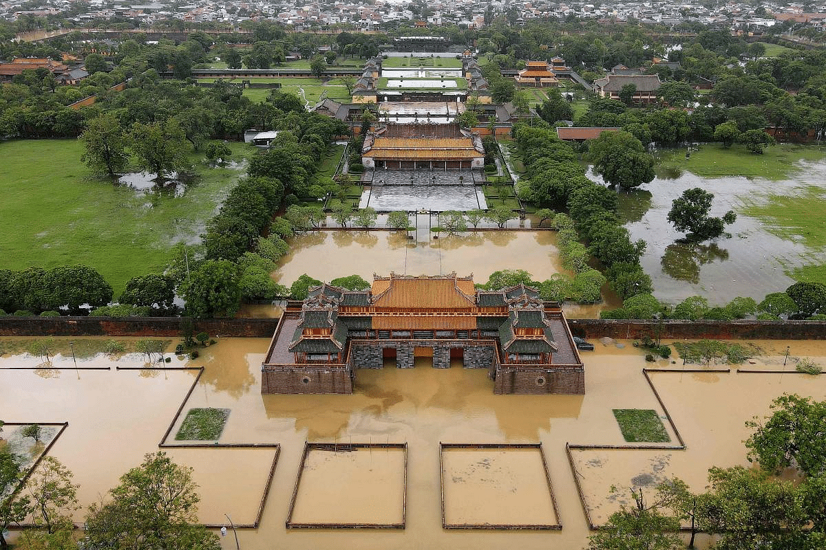 An aerial picture shows the Imperial City of Hue, submerged in floodwaters caused by heavy downpours in central Vietnam, in Hue. Credit: AFP Photo