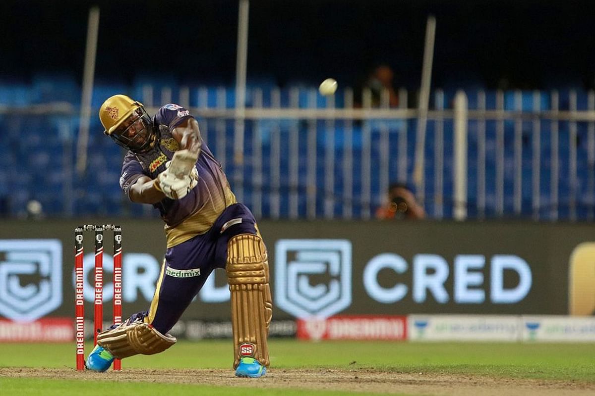 Andre Russell of Kolkata Knight Riders plays a shot during match 28 of season 13 of the Indian Premier League. Credit: IPL official website/ iplt20.com