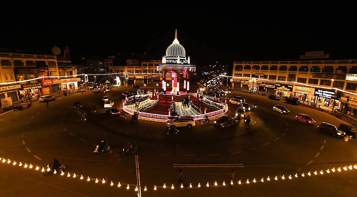 A roundabout illuminated ahead of Mysore Dasara Festival, in Mysuru. Credit: PTI Photo