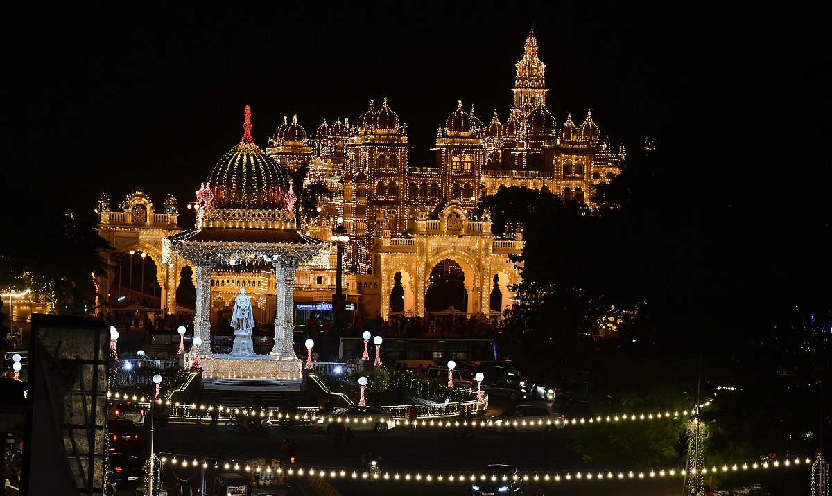 In light of Dasara, Mysuru Palace and the surrounding areas decorated with lights as part of the iconic Mysuru Dasara celebrations. Credit: DH Photo