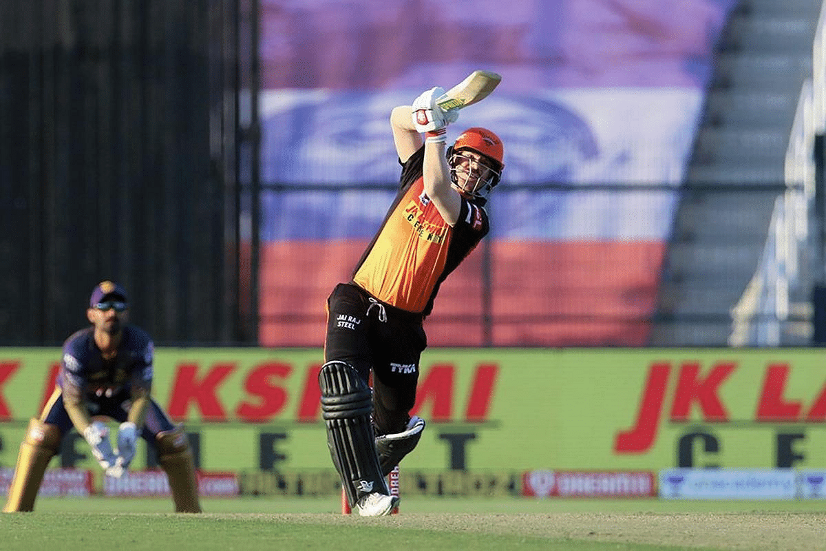 Sunrisers Hyderabad (SRH) batsman David Warner plays a shot during their Indian Premier League (IPL) T20 cricket match against Kolkata Knight Riders (KKR) Credit: PTI Photo