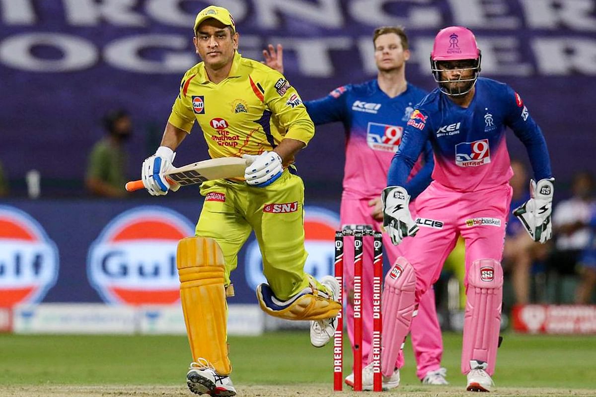 Chennai Super Kings captain MS Dhoni runs between the wickets during the Indian Premier League 2020 cricket match against Rajasthan Royals, at Sheikh Zayed Stadium, in Abu Dhabi. Credit: PTI Photo