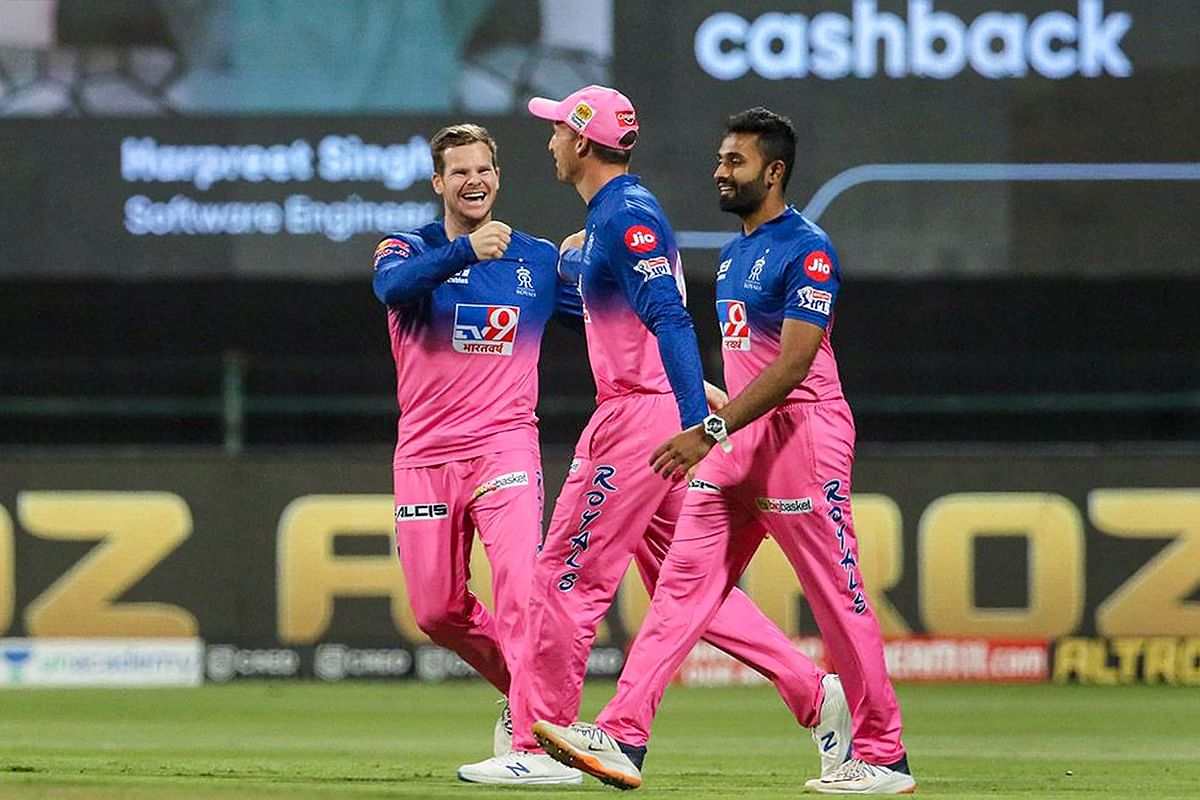 Rajasthan Royals players celebrate the wicket of Chennai Super Kings batsman Faf du Plessis. Credit: PTI Photo