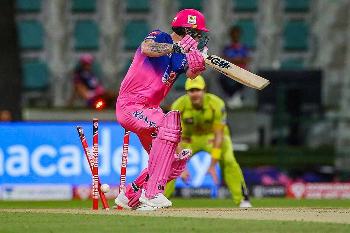 Rajasthan Royals batsman Ben Stokes gets clean bowled during the Indian Premier League 2020 cricket match against Chennai Super Kings. Credit: PTI Photo
