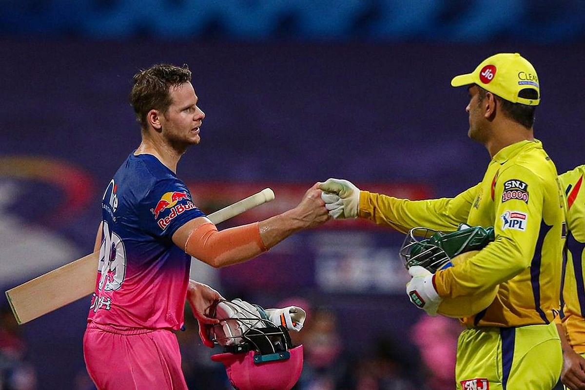 Chennai Super Kings captain MS Dhoni and Rajasthan Royals captain Steve Smith after a match during the Indian Premier League 2020. Credit: PTI Photo
