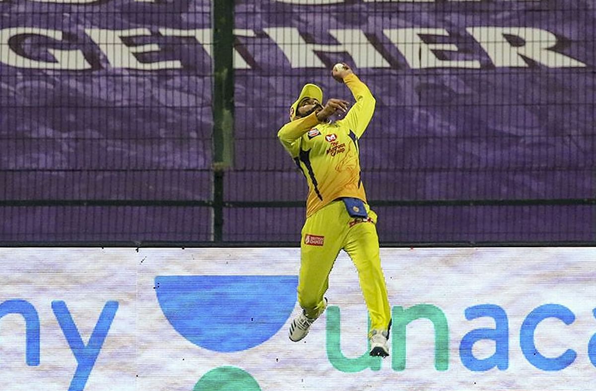 Chennai Super Kings player Ravindra Jadeja takes a catch of Rajasthan Royals batsman Jos Buttler. Credit: PTI Photo