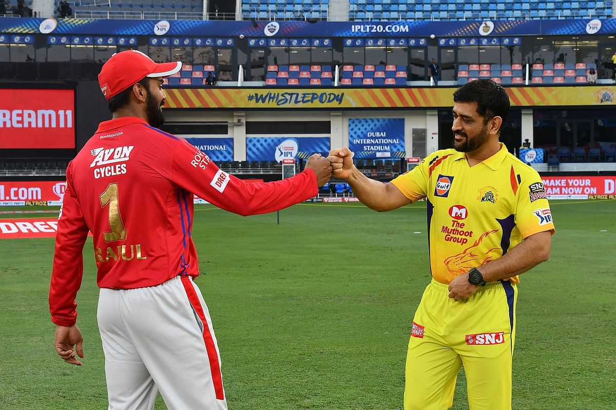Captain of CSK MS Dhoni and KL Rahul Captian of Kings XI Punjab share a lighter moment at the toss ahead of the match. Credit: iplt20.com, BCCI