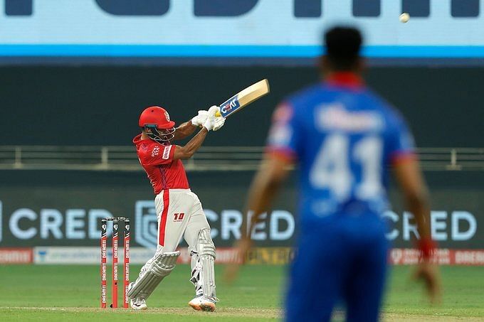 A MAXIMUM to bring up the half-century for Mayank Agarwal. Credit: IPL official twitter handle
