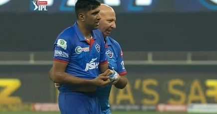 Ravichandran Ashwin walks out of the field after hurting his left shoulder. Credit: Screengrab