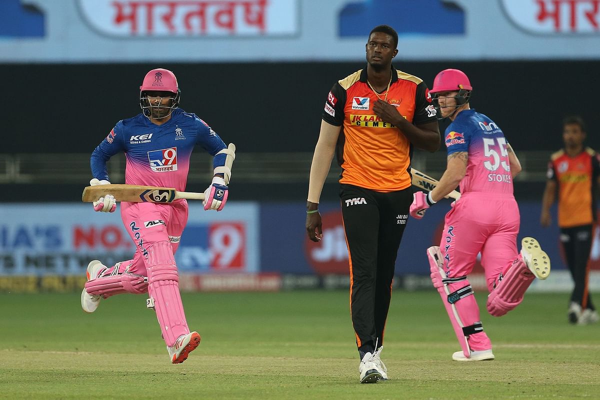Jason Holder of Sunrisers Hyderabad during match 40 of season 13 of the Dream 11 Indian Premier League (IPL) between the Rajasthan Royals and the Sunrisers Hyderabad held at the Dubai International Cricket Stadium, Dubai in the United Arab Emirates on the 22nd October 2020. Credit: iplt20.com/BCCI