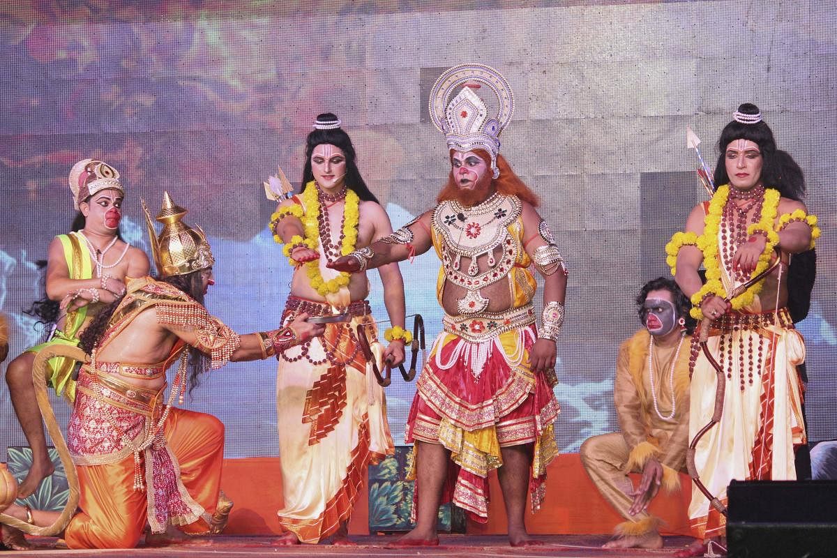 Artists perform Ramlila, a dramatic re-enactment of the life of Lord Ram, at Laxman Qila in Ayodhya. Credit: PTI Photo