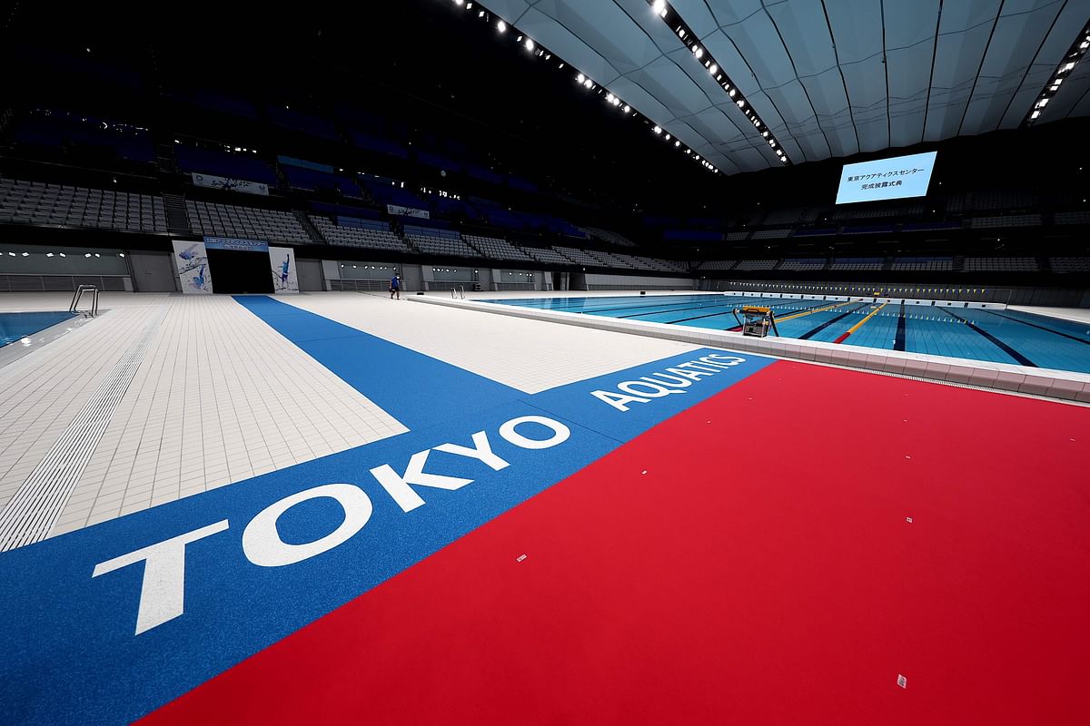Tokyo Aquatics Centre, a venue for swimming, diving and artistic swimming of the 2020 Tokyo Olympics and Paralympics Games, prior to its opening ceremony in Tokyo. Credit: AFP Photo