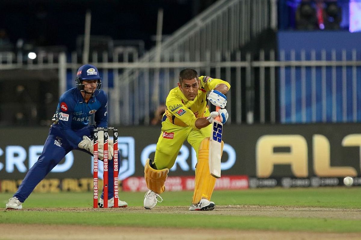 MS Dhoni captain of Chennai Super Kings plays a shot during the match. Credit: iplt20.com/BCCI