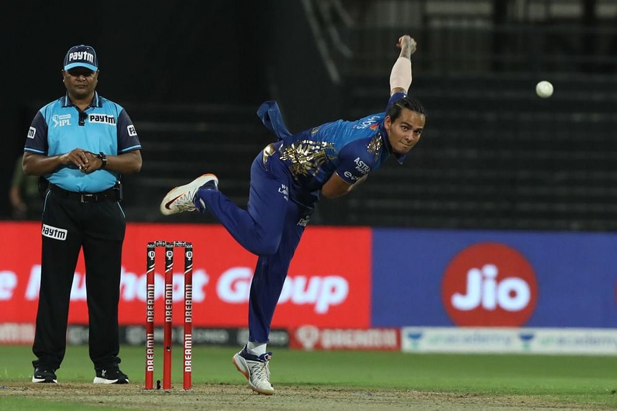Rahul Chahar of Mumbai Indians delivers a ball during the match. Credit: iplt20.com/BCCI