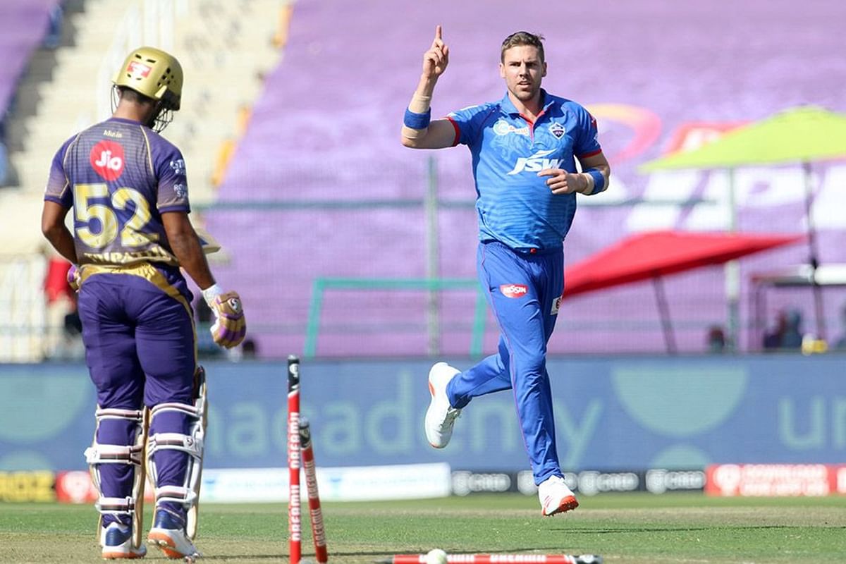 Anrich Nortje of Delhi Capitals celebrates the wicket of Rahul Tripathi of Kolkata Knight Riders during the toss of the match 42 of season 13 of the Dream 11 Indian Premier League (IPL) between the Kolkata Knight Riders and the Delhi Capitals at the Sheikh Zayed Stadium, Abu Dhabi in the United Arab Emirates on the 24th October 2020.  Credit: iplt20.com/BCCI