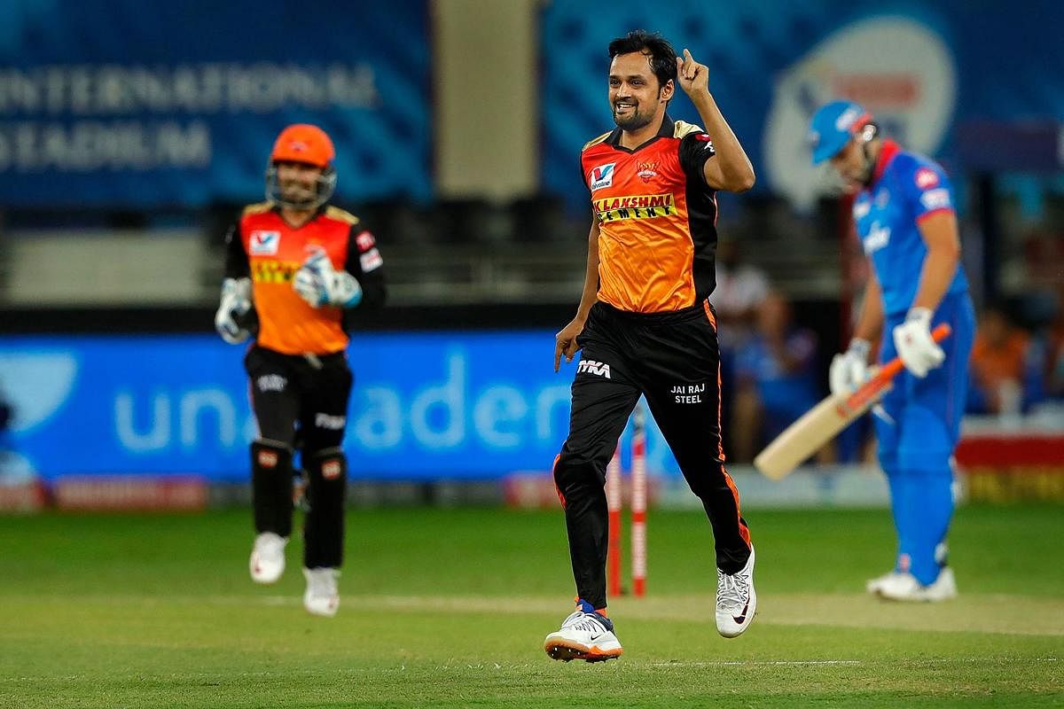 Shahbaz Nadeem of Sunrisers Hyderabad celebrates the wicket of Marcus Stoinis of Delhi Capitals. Credit: PTI Photo
