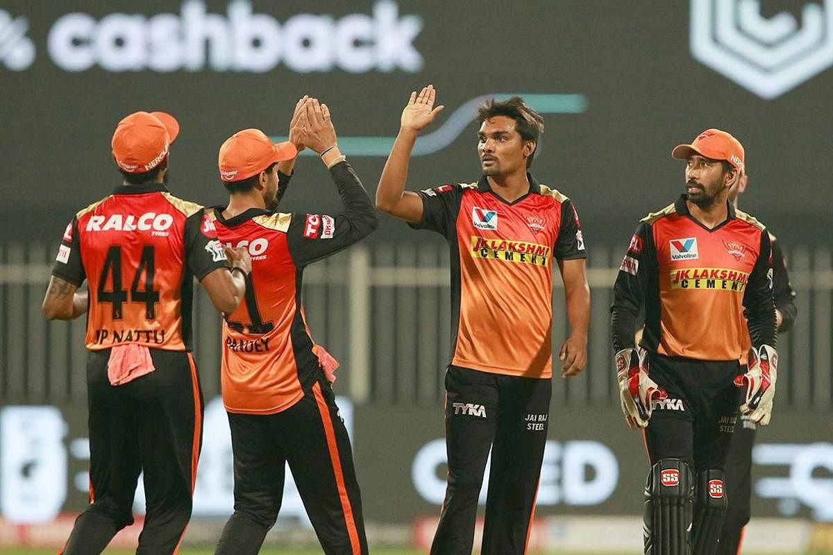 Sunrisers Hyderabad player Sandeep Sharma celebrates the wicket of Royal Challengers Bangalore batsman Devdutt Padikkal. Credit: PTI Photo