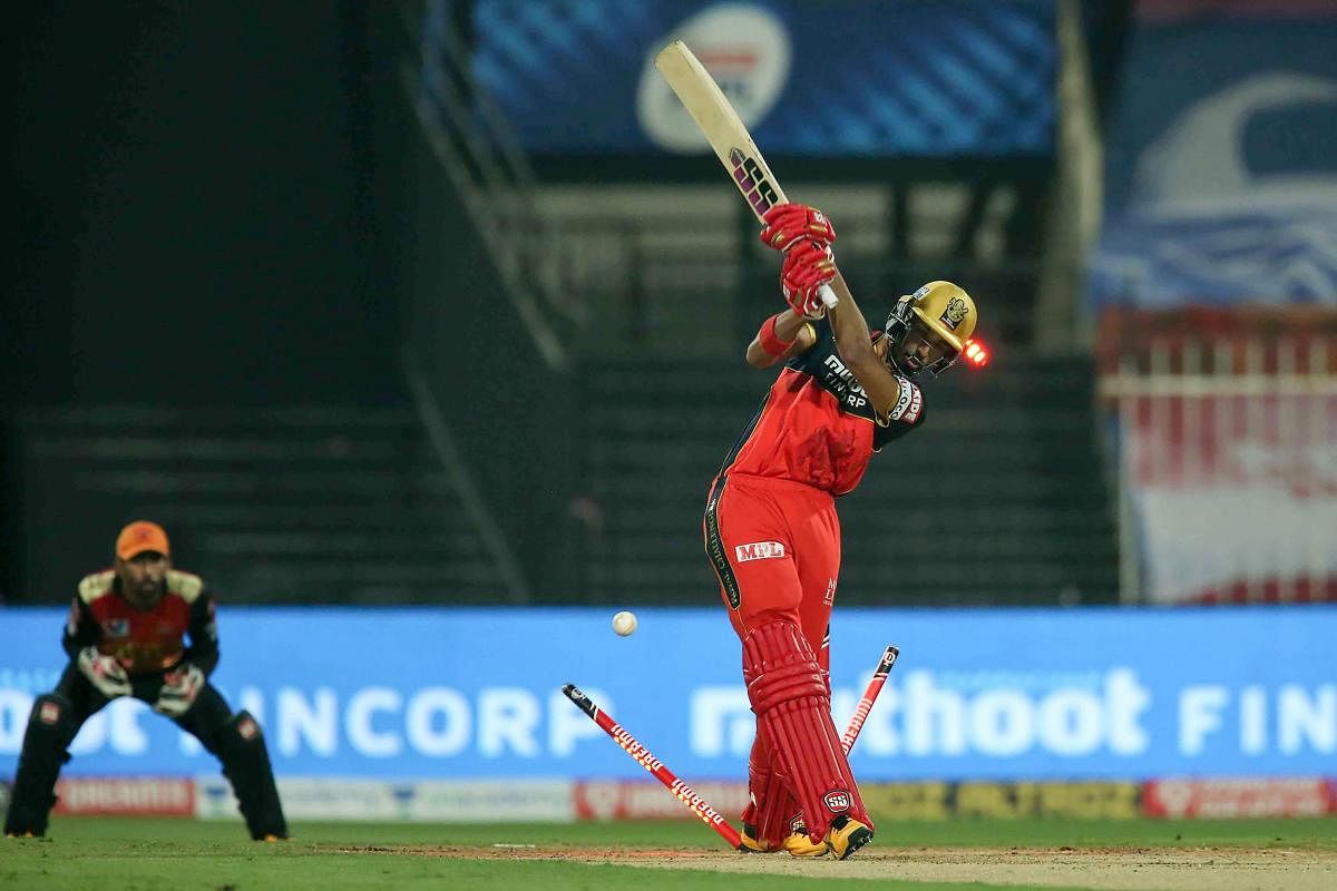 Royal Challengers Bangalore batsman Devdutt Padikkal is bowled by Sunrisers Hyderabad player Sandeep Sharma during the IPL cricket match. Credit: PTI Photo