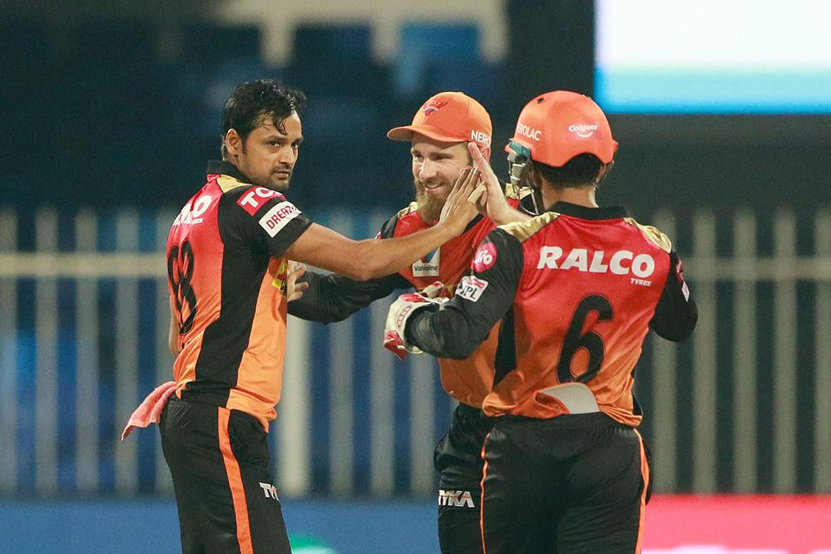 Sunrisers Hyderabad player Shahbaz Nadeem celebrates the wicket of Royal Challengers Bangalore batsman AB de Villiers. Credit: PTI Photo