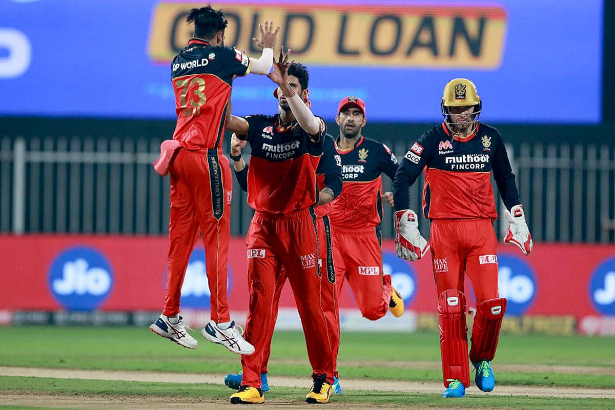 Royal Challengers Bangalore player Washington Sundar celebrates the wicket of Sunrisers Hyderabad batsman David Warner. Credit: PTI Photo