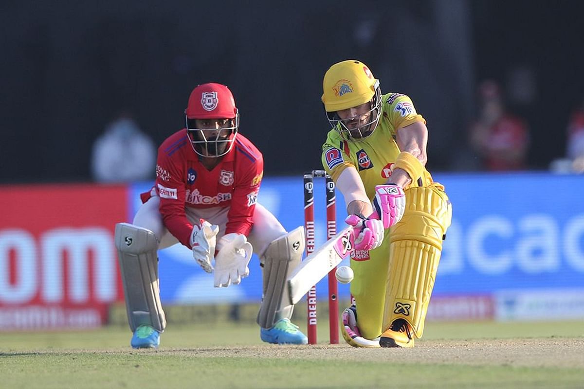 Faf du Plessis of Chennai Superkings plays a shot during the match. Credit: iplt20.com/BCCI