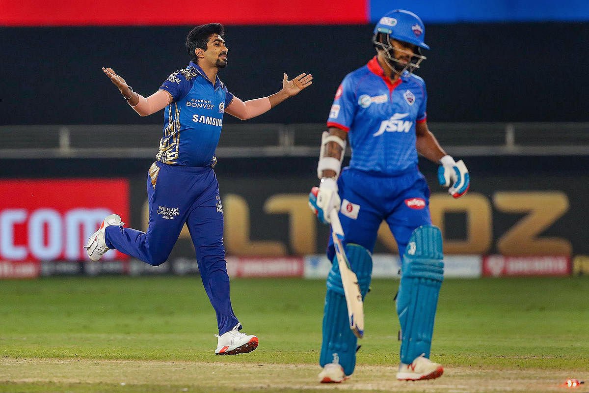 Jasprit Bumrah of Mumbai Indians celebrates the wicket of Shikhar Dhawan of Delhi Capitals during the Qualifier 1 match. Credit: PTI Photo