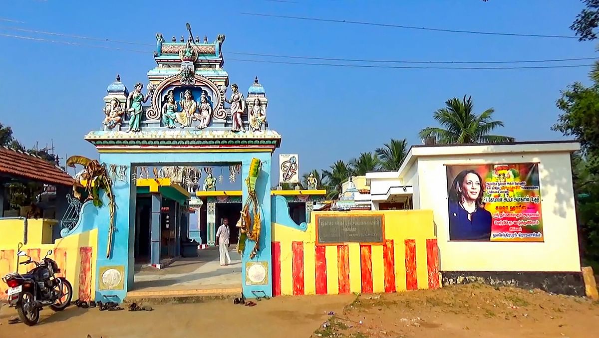 The Dharma Sastha Ayyanar Temple in the village was decked up with flowers on Tuesday as people converged at its premises to pray for Harris'